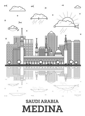 Outline Medina Saudi Arabia City Skyline with Reflections and Historic Buildings Isolated on White. Vector Illustration. Medina Cityscape with Landmarks.のイラスト素材