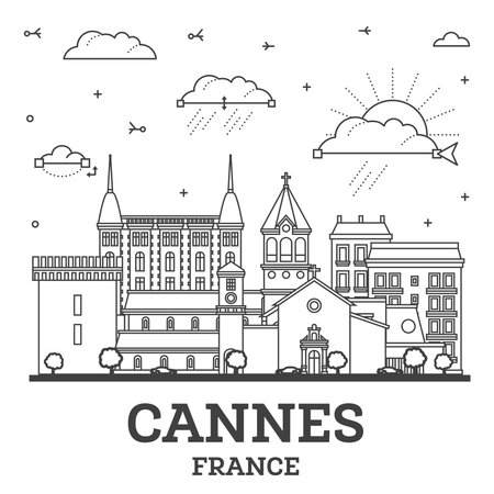 Outline Cannes France City Skyline with Modern and Historic Buildings Isolated on White. Vector Illustration. Cannes Cityscape with Landmarks.のイラスト素材