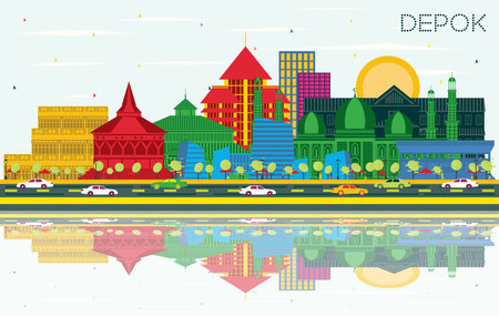 Depok Indonesia City Skyline with Color Buildings, Blue Sky and Reflections. Vector Illustration. Business Travel and Concept with Modern Architecture. Depok Cityscape with Landmarks.のイラスト素材