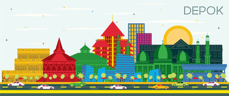 Depok Indonesia City Skyline with Color Buildings and Blue Sky. Vector Illustration. Business Travel and Concept with Modern Architecture. Depok Cityscape with Landmarks.のイラスト素材