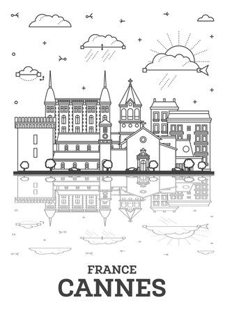 Outline Cannes France City Skyline with Modern Buildings and Reflections Isolated on White. Vector Illustration. Cannes Cityscape with Landmarks.のイラスト素材