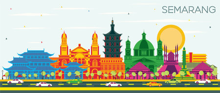 Semarang Indonesia City Skyline with Color Buildings and Blue Sky. Vector Illustration. Business Travel and Concept with Modern Architecture. Semarang Cityscape with Landmarks.のイラスト素材