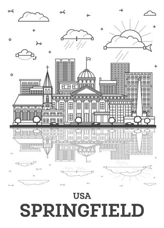Outline Springfield Illinois City Skyline with Modern Buildings and Reflections Isolated on White. Vector Illustration. Springfield USA Cityscape with Landmarks.のイラスト素材