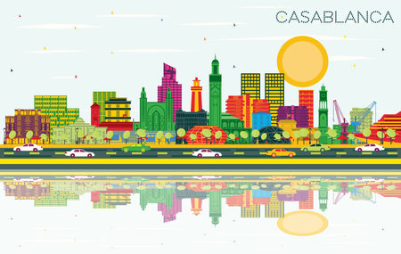 Casablanca Morocco City Skyline with Color Buildings, Blue Sky and Reflections. Vector Illustration. Business Travel and Concept with Historic Architecture. Casablanca Cityscape with Landmarks.のイラスト素材