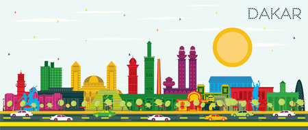 Dakar Senegal City Skyline with Color Buildings and Blue Sky. Vector Illustration. Business Travel and Concept with Historic Architecture. Dakar Cityscape with Landmarks.のイラスト素材