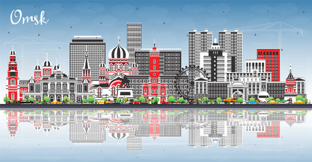 Omsk Russia city skyline with color buildings, blue sky and reflections. Vector illustration. Omsk cityscape with landmarks. Business travel and tourism concept with modern and historic architecture.のイラスト素材