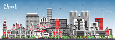 Omsk Russia city skyline with color buildings and blue sky. Vector illustration. Omsk cityscape with landmarks. Business travel and tourism concept with modern and historic architecture.のイラスト素材
