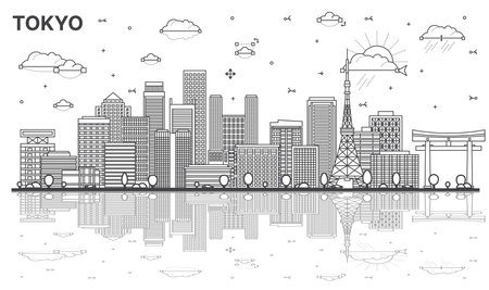 Outline Tokyo Japan city skyline with modern and historic buildings and refletions isolated on white. Tokyo cityscape with landmarks.のイラスト素材