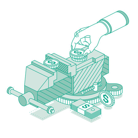 Isometric vice with a dollar coin clamped. Work tool. Crisis concept. Vector illustration. Outline objects isolated on white background.のイラスト素材