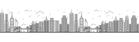 Seamless pattern with outline New York USA City Skyline. Modern Buildings Isolated on White. Vector Illustration. New York Cityscape with Landmarks.のイラスト素材