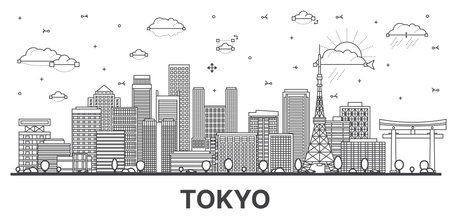 Outline Tokyo Japan city skyline with modern and historic buildings isolated on white. Vector illustration. Tokyo cityscape with landmarks.のイラスト素材