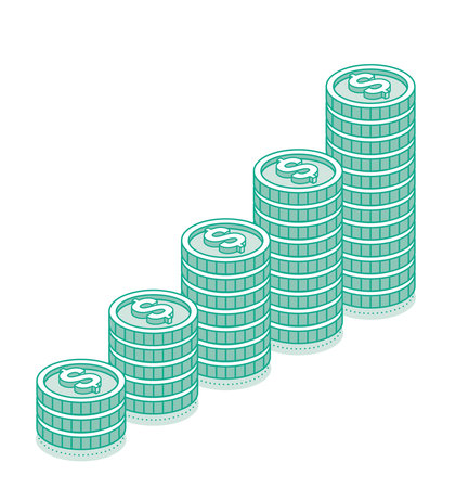 Isometric dollar coins stacks. 3d cash. Vector illustration. Outline objects isolated on white background. Icon or symbol. Green color.のイラスト素材