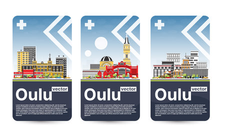 Oulu Finland city skyline with color buildings. Banner set. Vector illustration. Oulu cityscape with landmarks. Business travel and tourism concept with modern and historic architecture.のイラスト素材