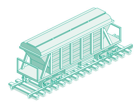 Isometric hopper car. Object isolated on white background. Railway. Freight wagon for mass transit cement, grain and other bulk cargo or commodities. Vector illustration. Wagon on rails.のイラスト素材