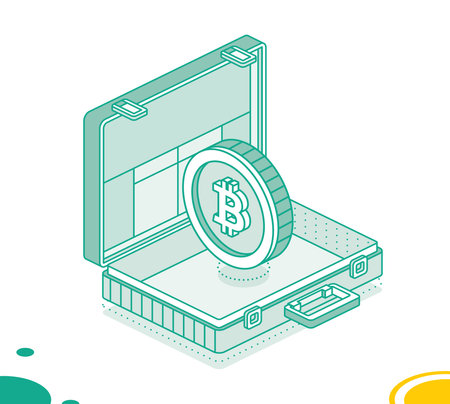 Business briefcase with bitcoin coin. Isometric outline concept. Vector illustration. 3d object.のイラスト素材