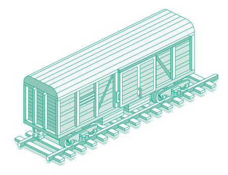Isometric freight railroad car. Object isolated on white background. Railway. Vector illustration. Wagon on rails. Freight boxcar wagon. Industrial transportation railroad.のイラスト素材