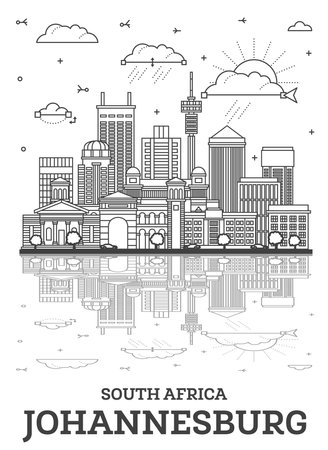 Outline Johannesburg South Africa City Skyline with Modern Buildings and Reflections Isolated on White. Vector Illustration. Johannesburg Cityscape with Landmarks.のイラスト素材
