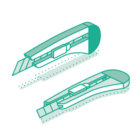 Isometric stationery utility knife with sharp blade. Vector illustration. Outline icon isolated on white.のイラスト素材
