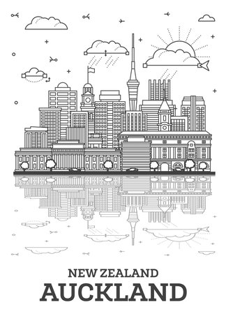 Outline Auckland New Zealand city skyline with modern buildings and reflections isolated on white. Vector illustration. Auckland cityscape with landmarks.のイラスト素材