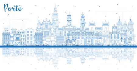 Outline Porto Portugal City Skyline with Blue Buildings and reflections. Vector Illustration. Porto Cityscape with Landmarks. Business Travel and Tourism Concept with Historic Architecture.のイラスト素材