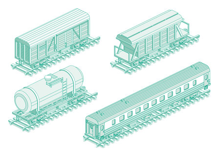 Isometric freight railroad, hopper car, railroad tank car and passenger railroad car. Object isolated on white background. Railway. Vector illustration. Wagon on rails. Industrial transportation.のイラスト素材