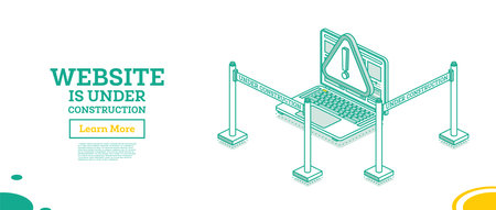 Web page of website under construction. Warning error. Vector illustration. Isometric outline concept. Laptop and portable ribbon barrier. Fencing tape. Template for under maintenance page.のイラスト素材