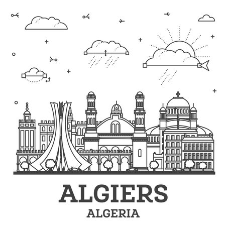 Outline Algiers Algeria city skyline with modern and historic buildings isolated on white. Vector illustration. Algiers cityscape with landmarks.のイラスト素材