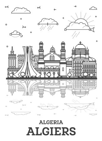 Outline Algiers Algeria city skyline with historic buildings and reflections isolated on white. Vector illustration. Algiers cityscape with landmarks.のイラスト素材