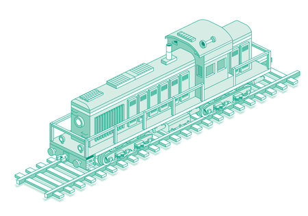 Isometric train engine. Locomotive. Vector illustration. Railway. Object isolated on white background. Industrial transportation. Diesel freight locomotive on rails. Switcher locomotive.のイラスト素材