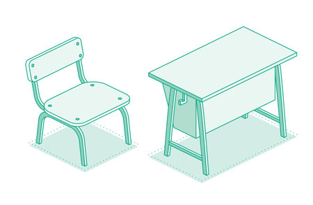 Isometric school desk table and chair. Vector illustration. Outline object isolated on white background. Classroom.のイラスト素材