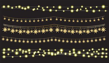 Garlands with hanging golden stars. Christmas neon lights on black background. Vector illustration. Xmas decoration. Carnival garland.のイラスト素材
