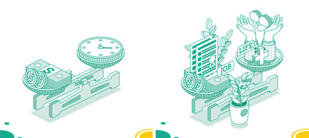Work and life balance concept. Balance scales with clocks and money. Concept time and money....