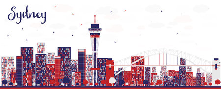 Sydney Australia city skyline with color buildings. Vector illustration. Cityscape with landmarks.のイラスト素材