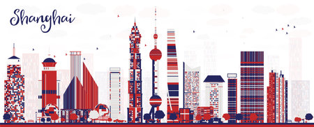 Shanghai China city skyline with color skyscrapers. Vector illustration. Cityscape with landmarks.のイラスト素材