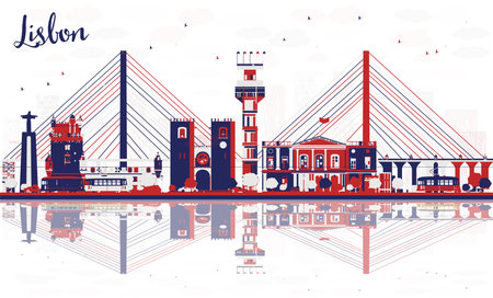 Abstract Lisbon Portugal city skyline with color buildings and reflections. Vector illustration. Cityscape with landmarks.のイラスト素材