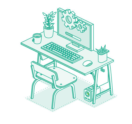 Isometric 3d technology workspace concept. Computer, monitor, plant in pot, desktop and chair. Outline concept. Vector illustration.のイラスト素材