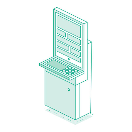 Isometric interactive kiosk. Self service terminal in bank or on train station isolated on white background. Providing information. Vector illustration.のイラスト素材