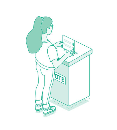 Presidential election banner. Young woman drops a ballot into a ballot box at a polling station. Isometric outline concept. Vector illustration. Female voter placing ballot in ballot box.のイラスト素材