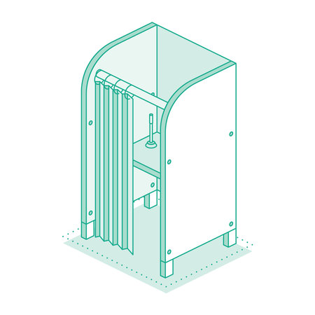 Isometric voting booth with open curtains and pen on desk. Interior of polling station. Outline objects. Vector illustration.のイラスト素材