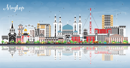 Maykop Russia city skyline with color buildings, blue sky and reflections. Vector illustration. Maykop cityscape with landmarks. Travel and tourism concept with modern and historic architecture.のイラスト素材