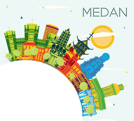 Medan Indonesia City Skyline with Color Buildings, Blue Sky and copy space. Vector Illustration. Business Travel and Tourism Concept with Historic Architecture. Medan Cityscape with Landmarks.のイラスト素材
