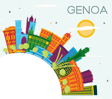 Genoa Italy City Skyline with Color Buildings, Blue Sky and copy space. Vector Illustration. Business Travel and Tourism Concept with Modern Architecture. Genoa Cityscape with Landmarks.のイラスト素材