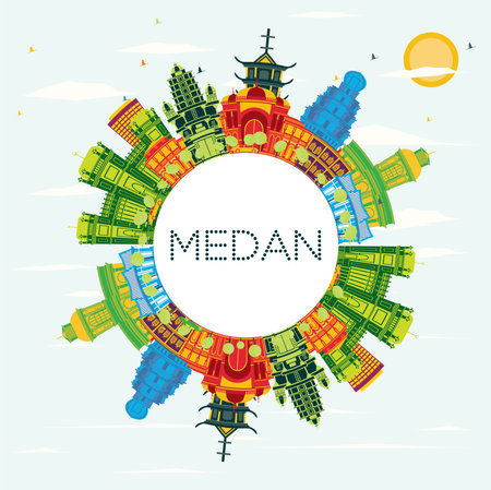 Medan Indonesia City Skyline with Color Buildings, Blue Sky and copy space. Vector Illustration. Business Travel and Tourism Concept with Historic Architecture. Medan Cityscape with Landmarks.のイラスト素材