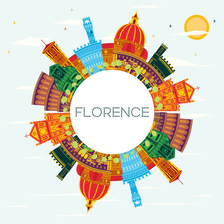 Florence Italy City Skyline with Color Buildings, Blue Sky and copy space. Vector Illustration. Business Travel and Tourism Concept with Modern Architecture. Florence Cityscape with Landmarks.のイラスト素材