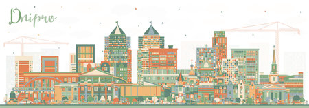 Dnipro city skyline with color buildings. Vector illustration. Dnepropetrovsk cityscape with landmarks. Business travel and tourism concept with modern and historic architecture.のイラスト素材