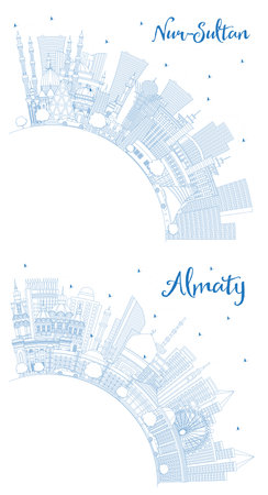 Outline Almaty and Nur-Sultan Kazakhstan City Skyline set with Blue Buildings and Copy Space. Cityscape with Landmarks. Tourism Concept with Modern Architecture.の写真素材
