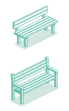 Isometric outline modern street bench. Illustration. Minimalist object isolated on clean white background. Perfect for representing public spaces, urban planning, and modern architecture.の写真素材