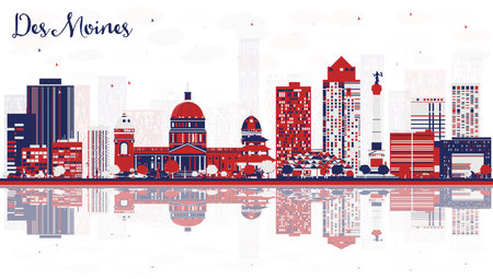 Abstract Des Moines USA city skyline with Color Buildings and reflections. Vector Illustration. Business Travel and Tourism Concept with Historic Architecture. Cityscape with landmarks.のイラスト素材