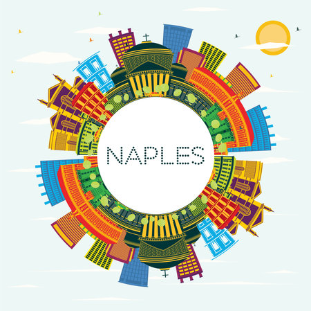 Naples Italy City Skyline with Color Buildings, Blue Sky and copy space. Vector Illustration. Business Travel and Tourism Concept with Modern Architecture. Naples Cityscape with Landmarks.のイラスト素材