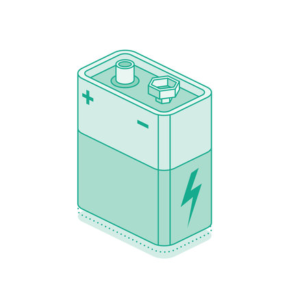 Isometric 9V battery isolated on white background. Vector illustration. Nine volt battery icon. Outline style.のイラスト素材
